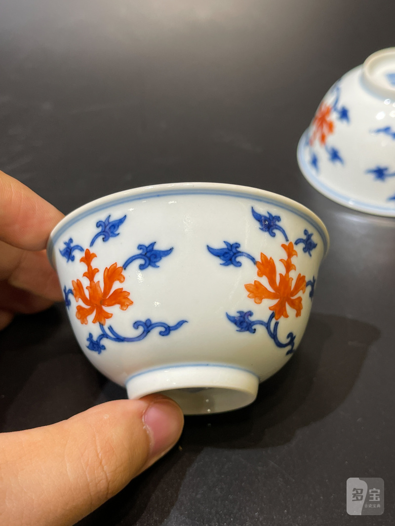 清道光 青花矾红宝相花纹茶圆一对 - 图11